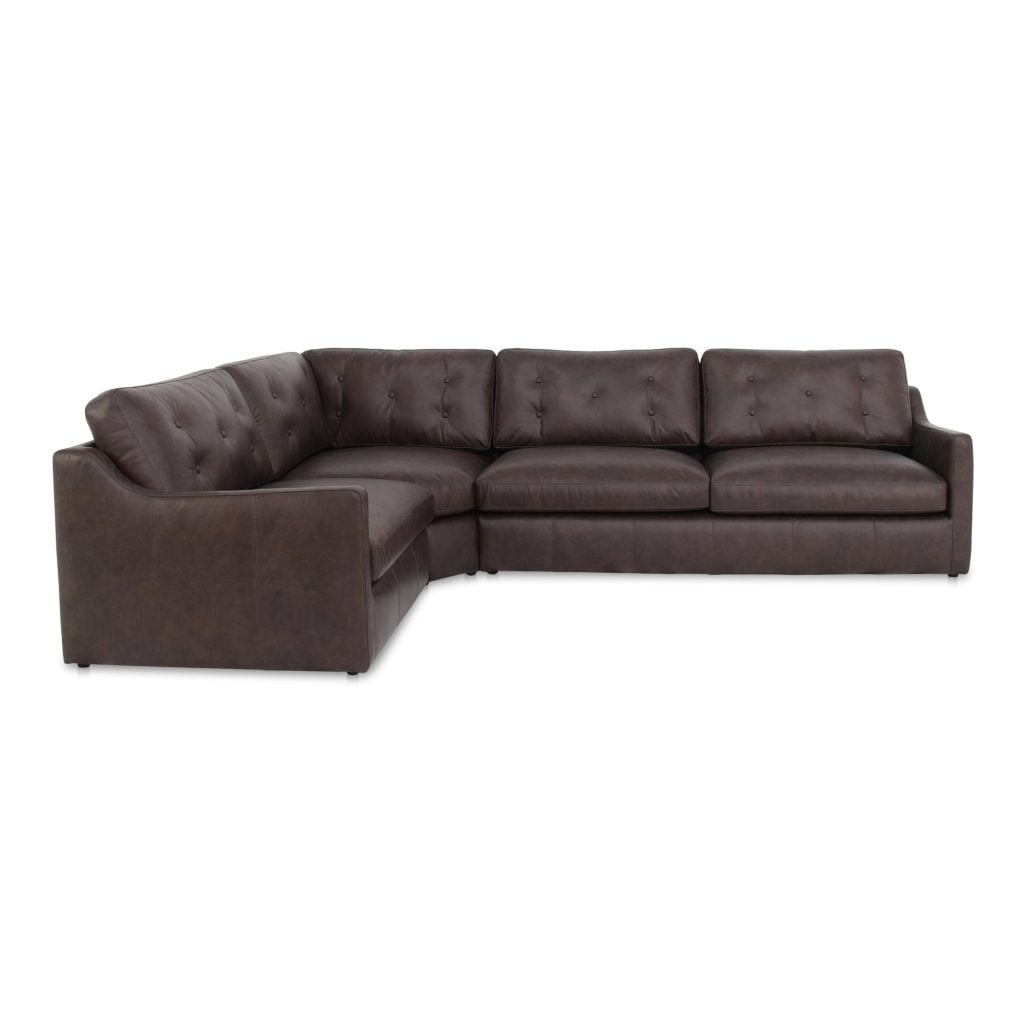 Thurlow traditional espresso brown top grain leather 3-piece left modular sectional, front view