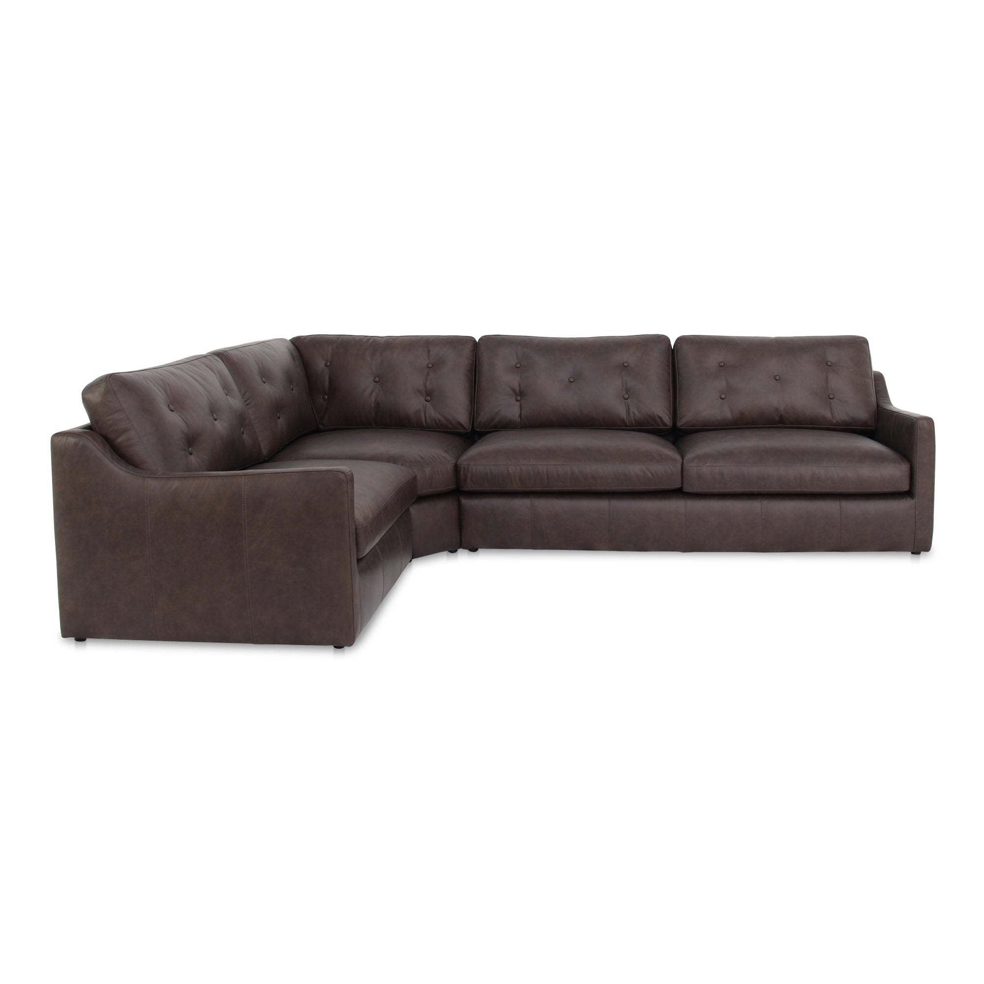 Thurlow traditional espresso brown top grain leather 3-piece left modular sectional, front view