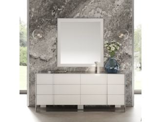 Cartier Modern White and Stainless Steel 6-Drawer Dresser in a styled room setting