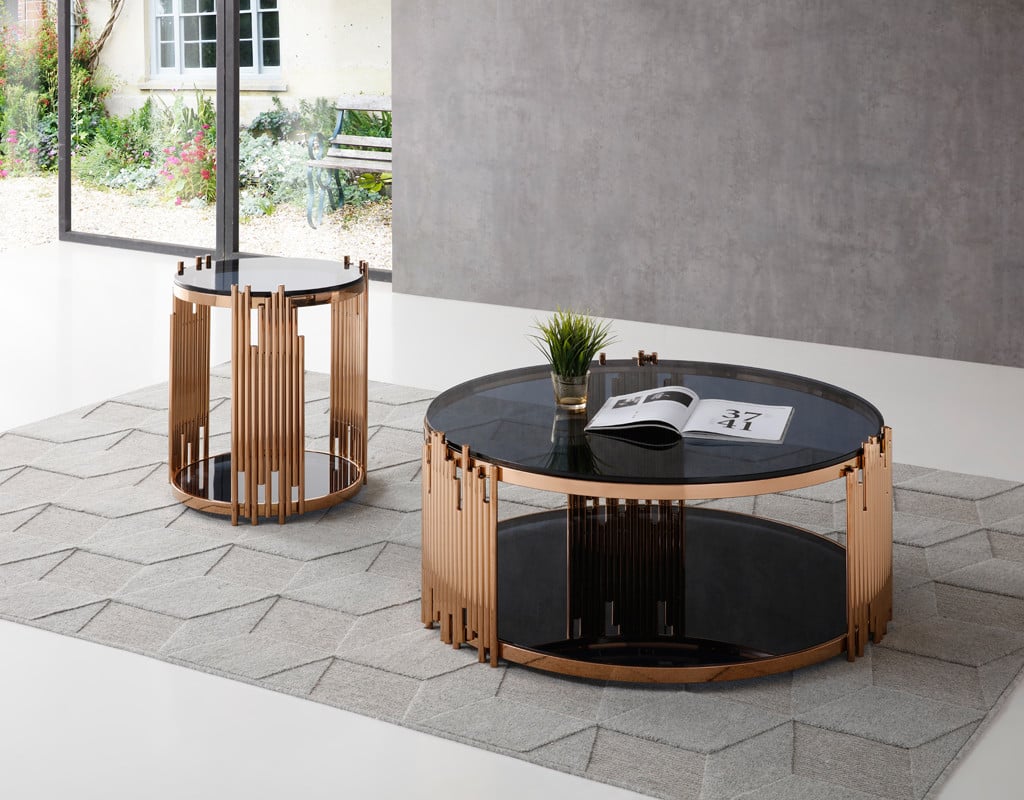 Bryce Round Coffee Table in Rosegold and Smoked Glass in a styled room setting