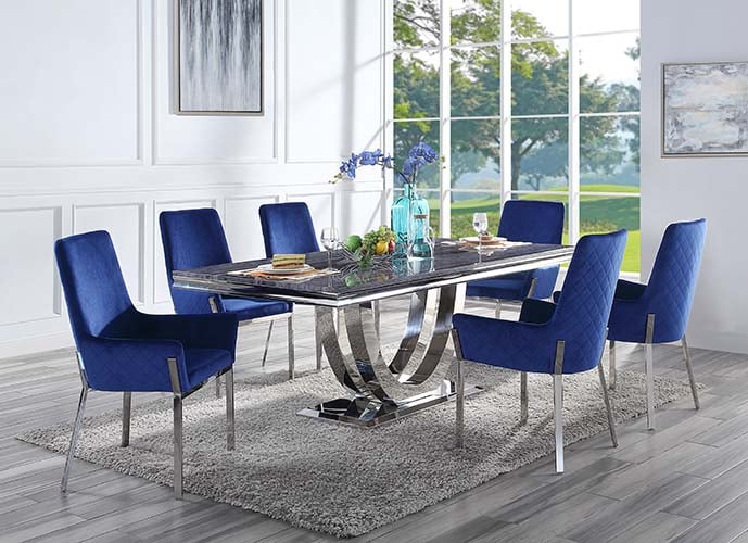 Cambrie Upholstered Dining Chair in Blue Velvet with Mirrored Silver Frame - Set of 2 - front view