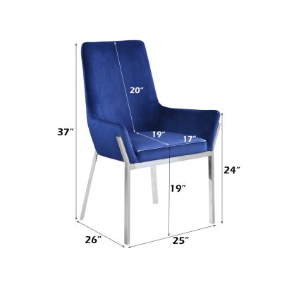 Cambrie Upholstered Dining Chair in Blue Velvet with Mirrored Silver Frame - Set of 2 - dimension diagram