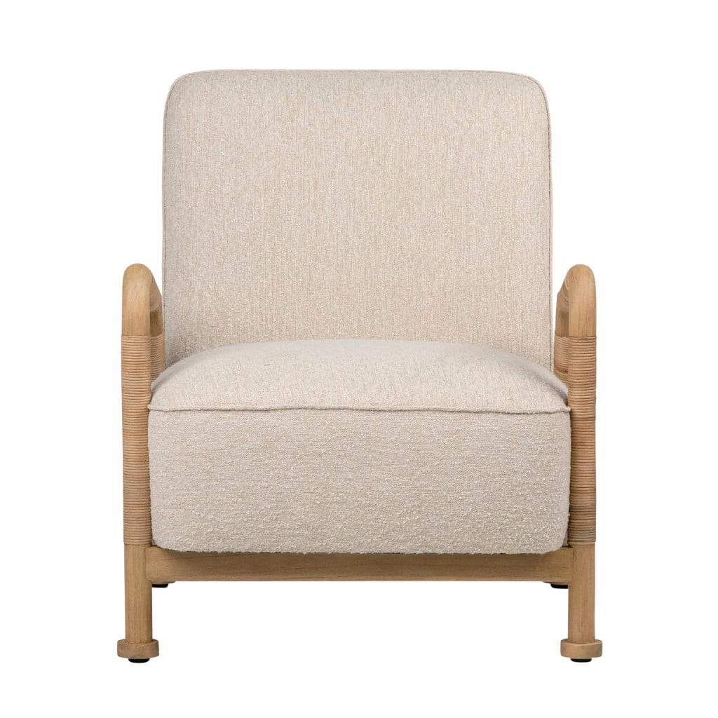 Clyde boho ivory boucle rattan occasional chair, front view