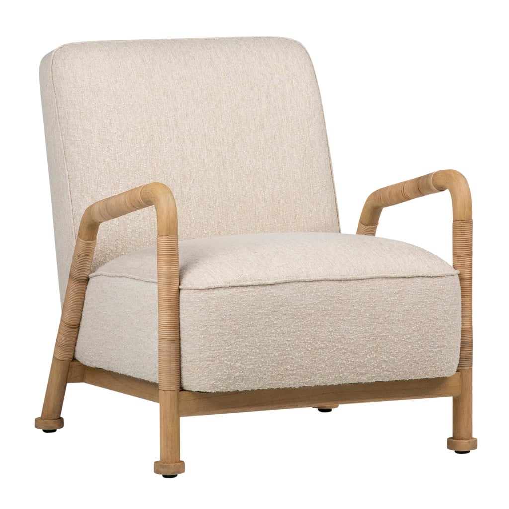 Clyde boho ivory boucle rattan occasional chair, front three-quarter view