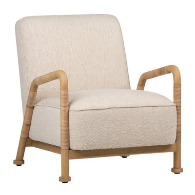 Clyde boho ivory boucle rattan occasional chair, front three-quarter view