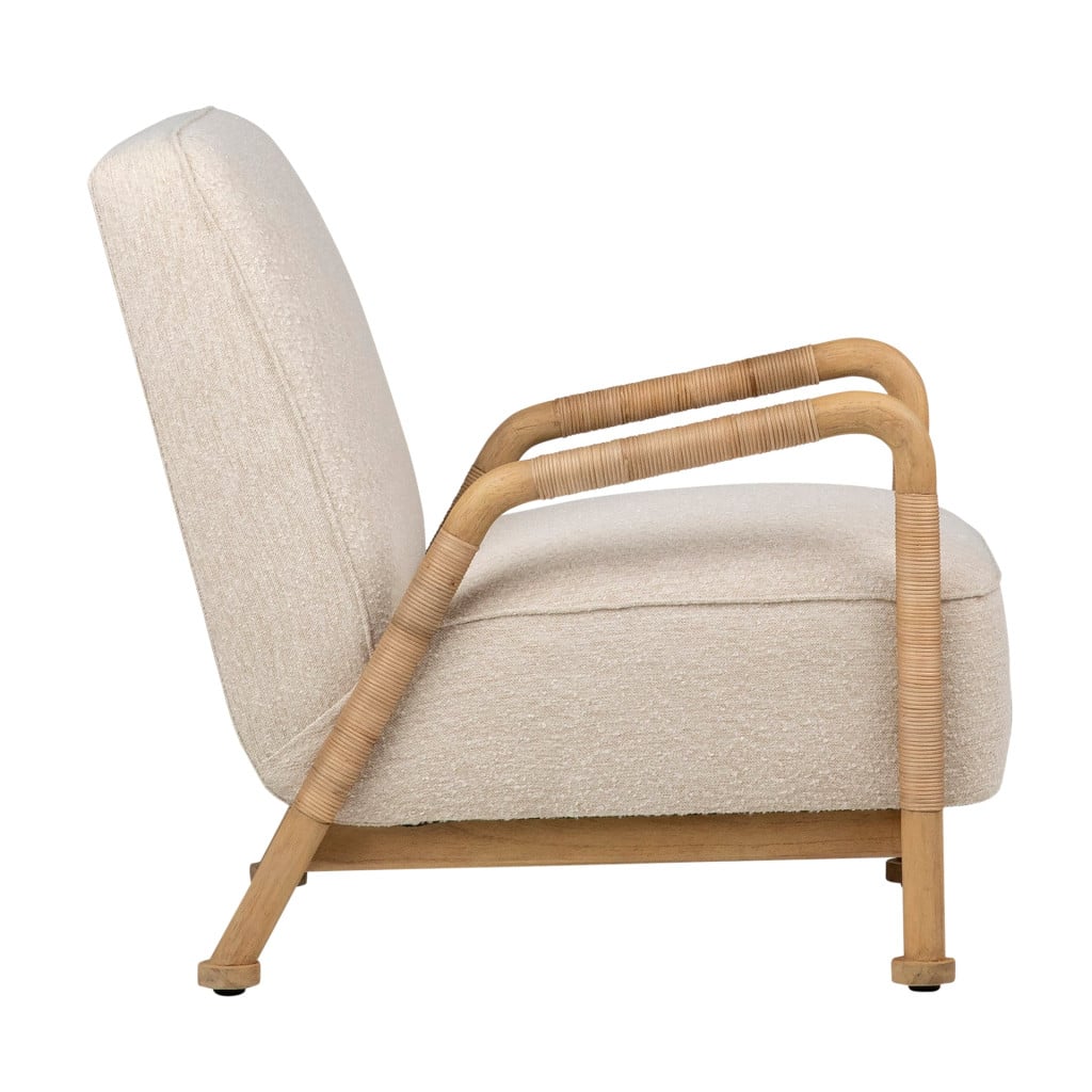 Clyde boho ivory boucle rattan occasional chair, side profile