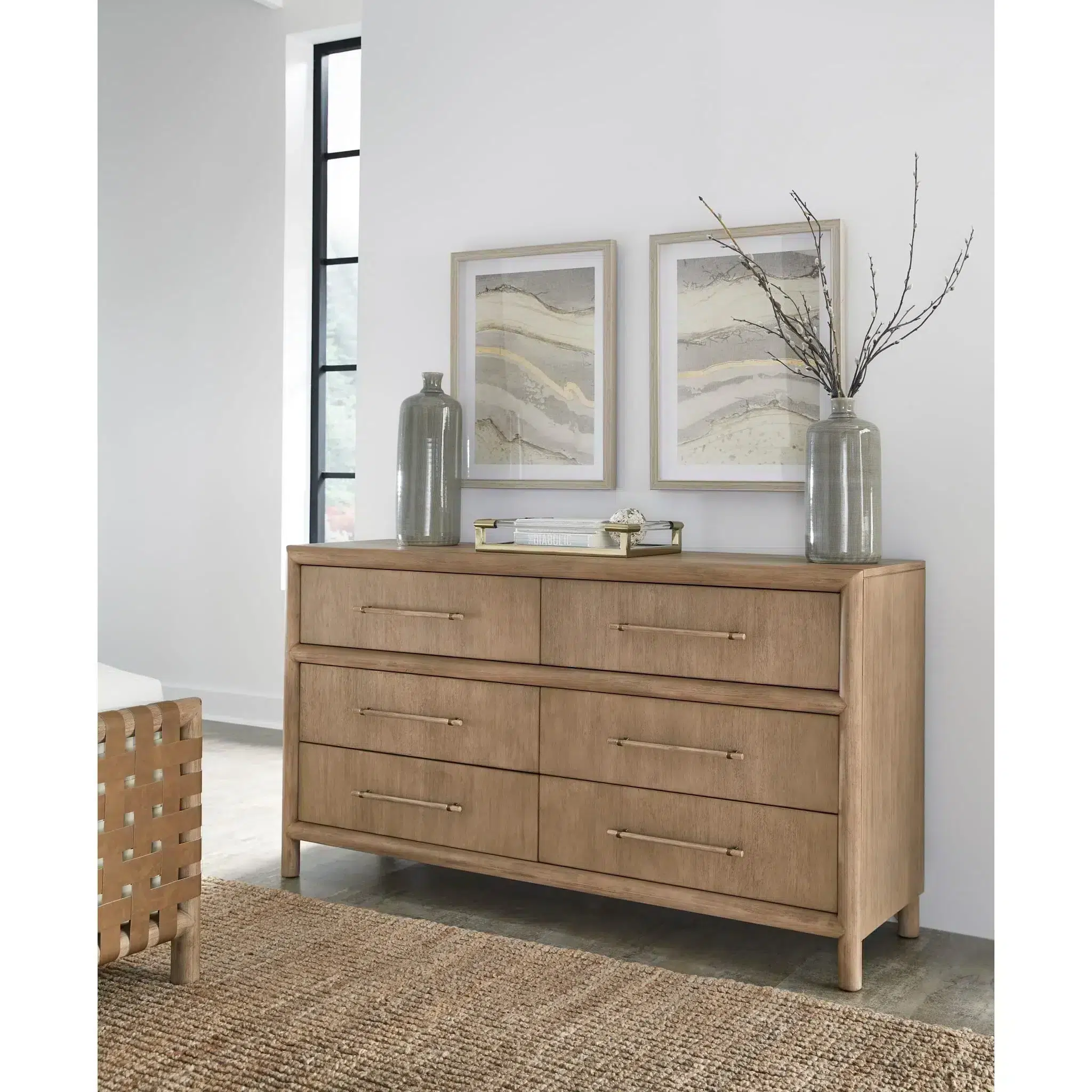 Dorsey six drawer light wood dresser in a styled room