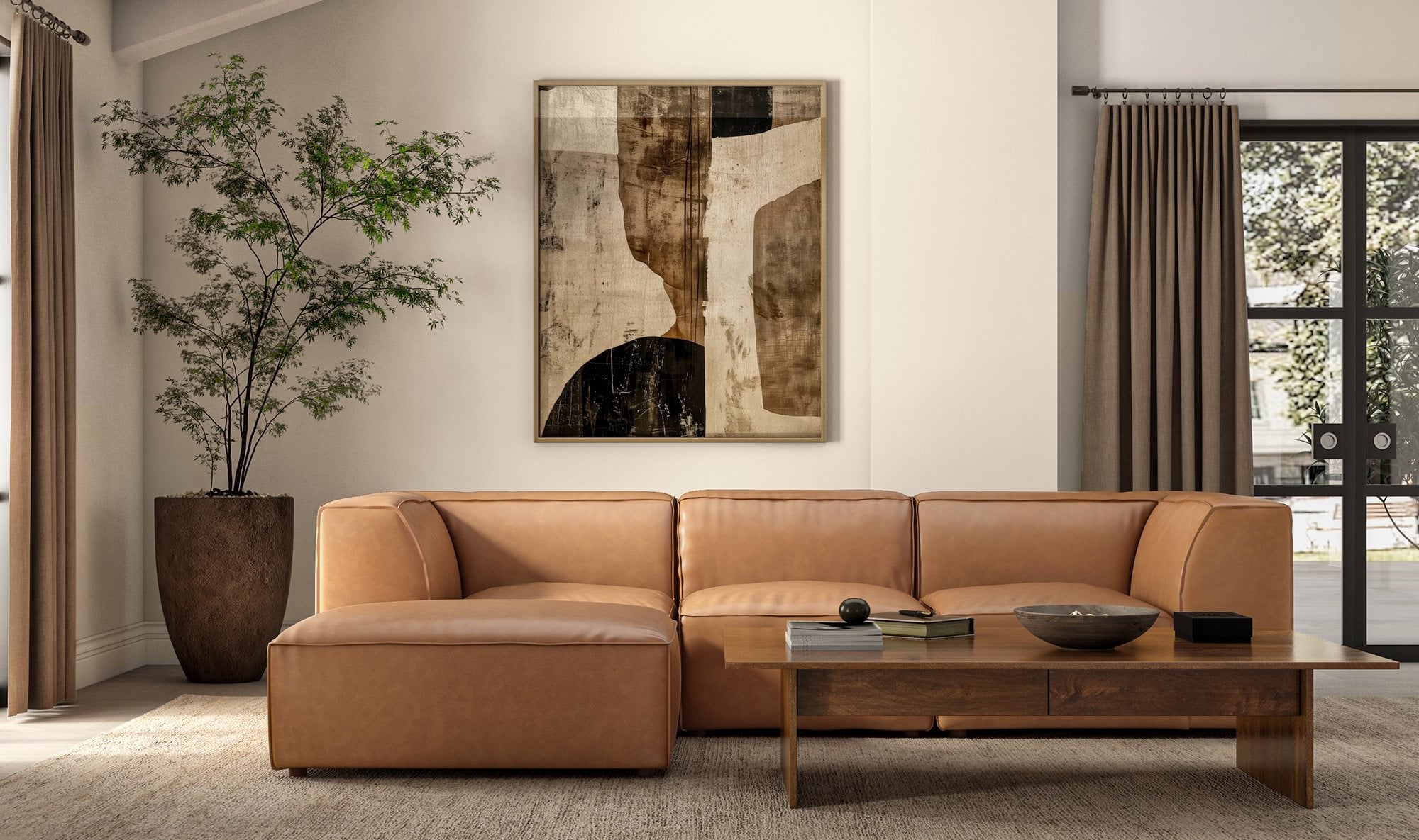 Cognac leather modular sectional in a bright living room