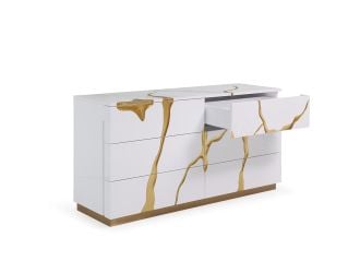 Aspen Modern White Dresser with Gold Accents with a drawer open