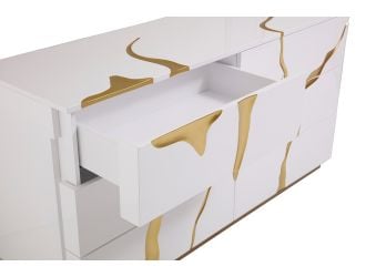Aspen Modern White Dresser with Gold Accents, open drawer view