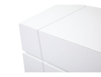 Chrysler Modern White Dresser with Polished Stainless Steel Legs, angle detail view
