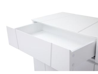 Chrysler Modern White Dresser with Polished Stainless Steel Legs, front detail view