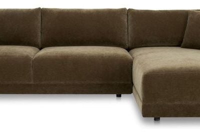 Bryn two-piece sectional sofa in heritage cedar green bouclé fabric, three-quarter view showing the right-hand chaise