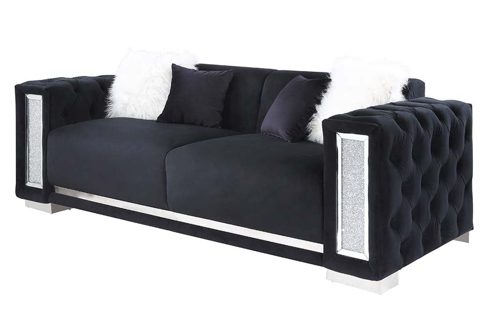 Trislar Sofa with 4 Pillows in Black Velvet and Chrome Legs - front view