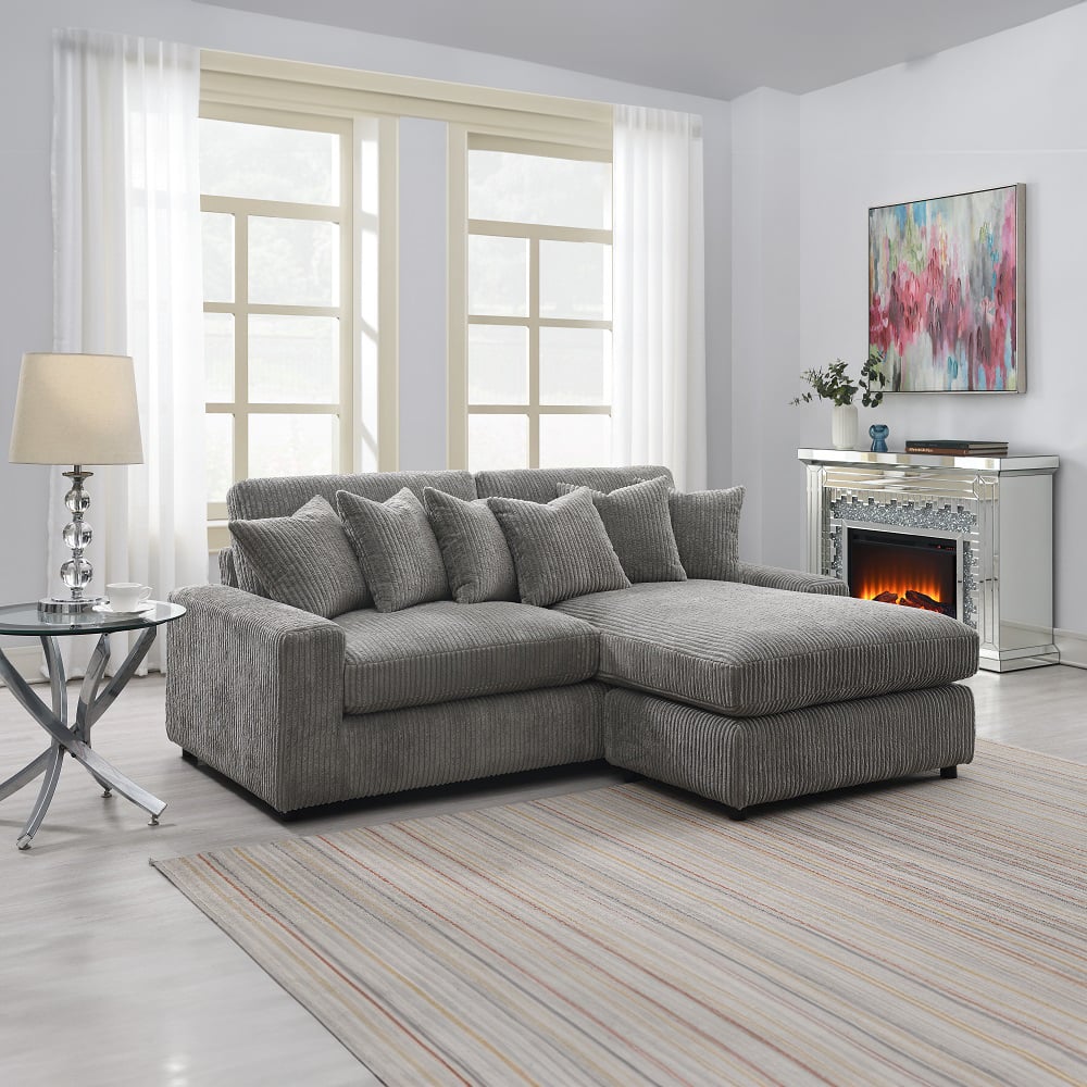 Tavia Reversible Sectional Sofa with 6 Pillows in Gray Corduroy