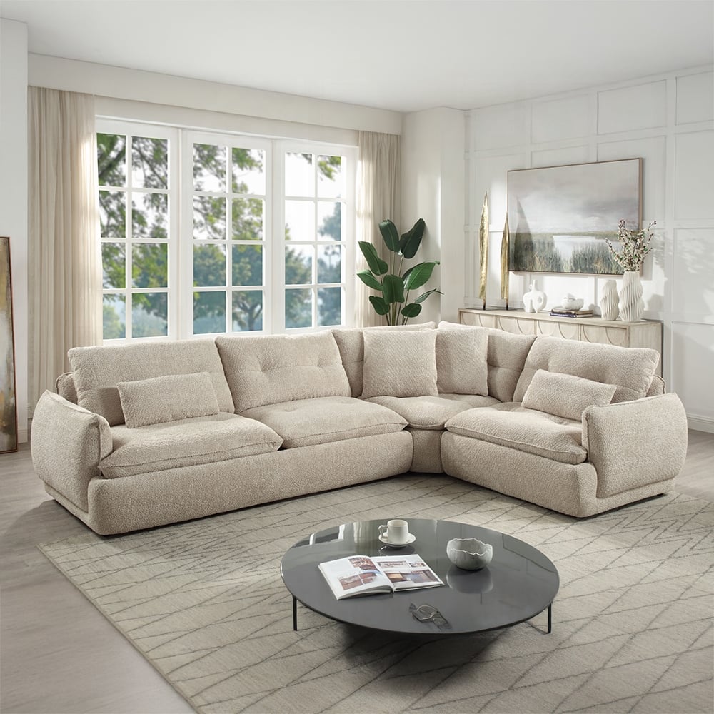 Jonina Sectional Sofa with 4 Pillows in Beige Chenille - front view