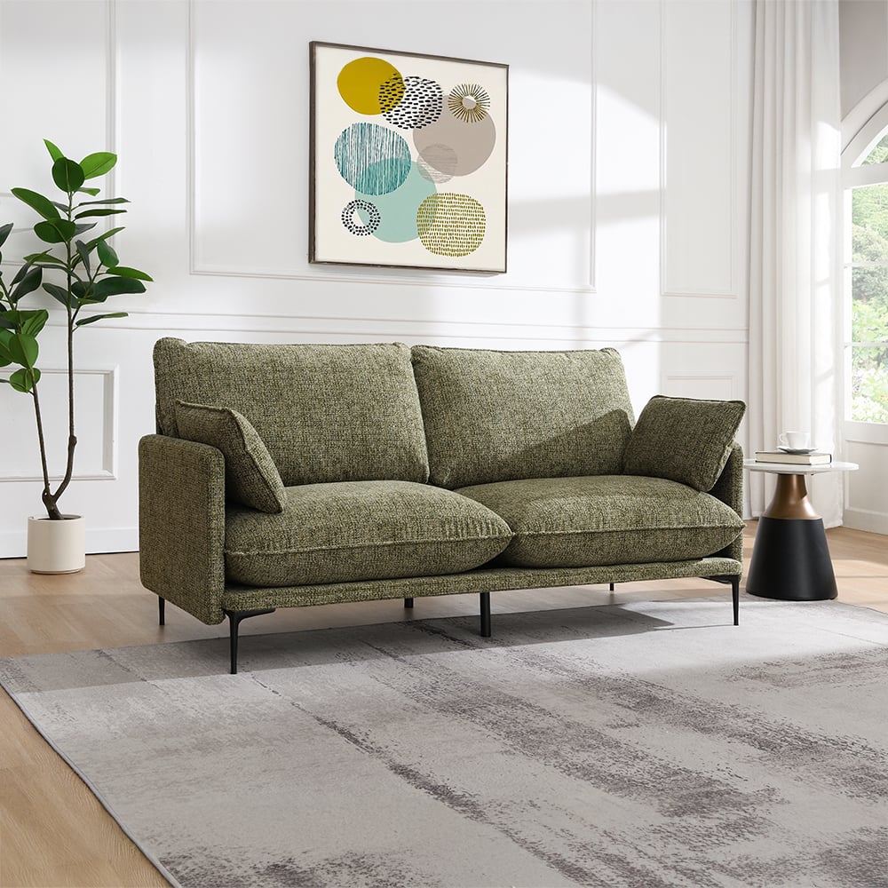 Dalton sofa in green chenille fabric with tufted cushions and two accent pillows, front view
