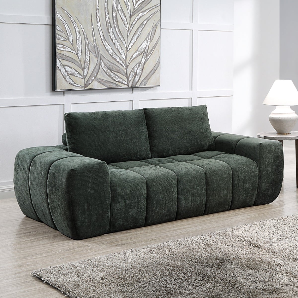 Medwin sofa in green linen fabric with tight cushions and slim arms, front view