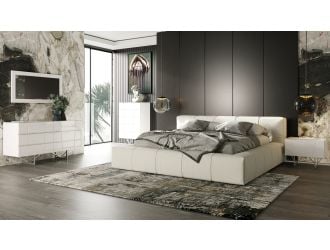 Chrysler Modern White Dresser with Polished Stainless Steel Legs, case goods room view