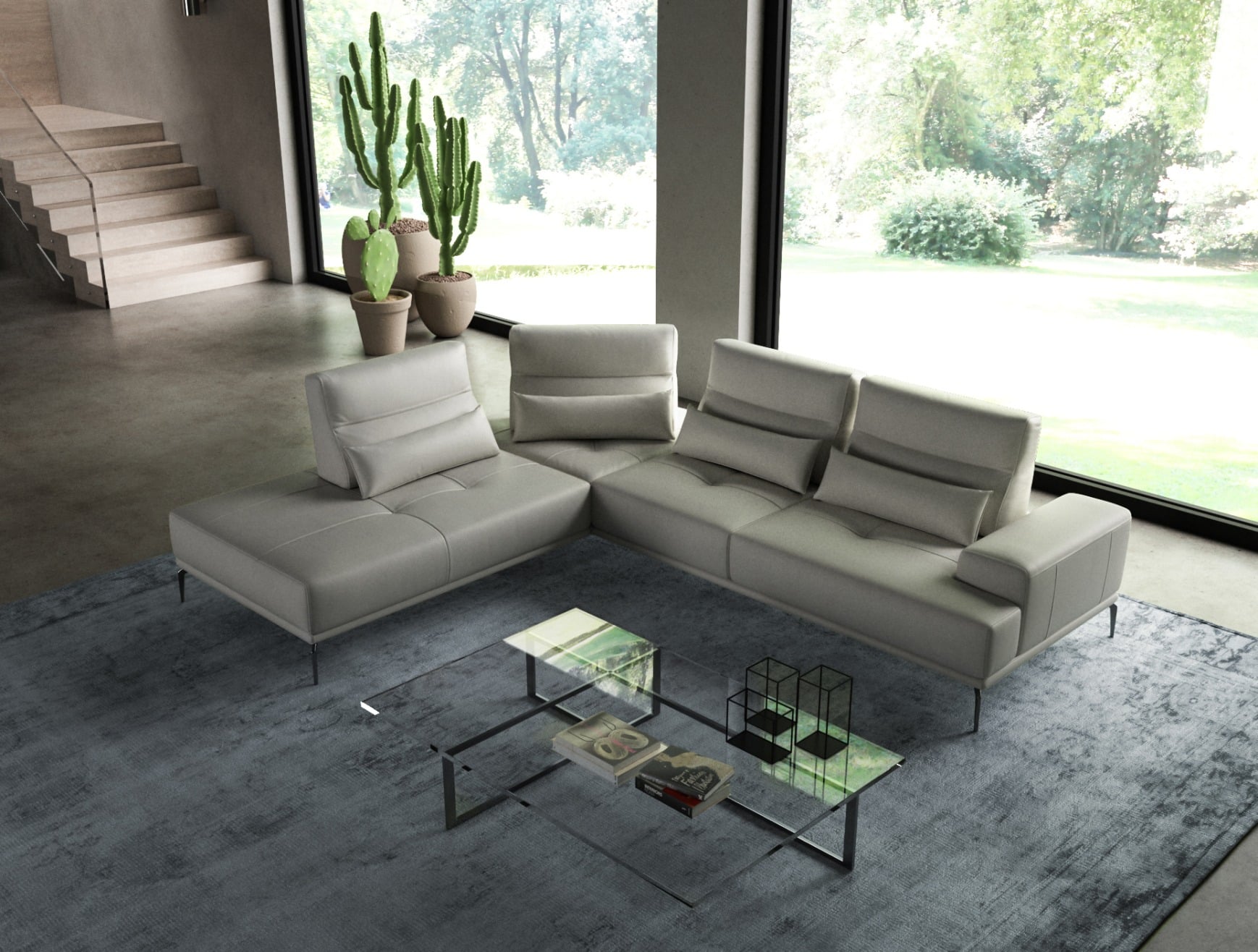 Sunset Contemporary Italian Grey Leather Sectional Sofa with Left Facing Chaise in Grey - view 2
