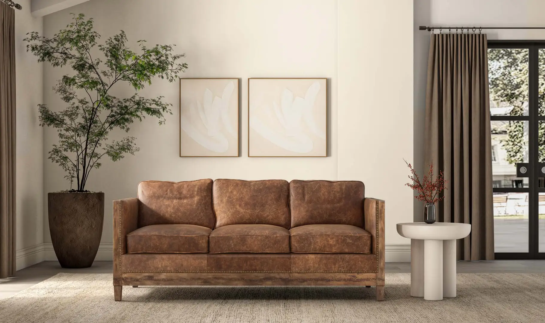 Brown leather sofa beside a tall potted tree