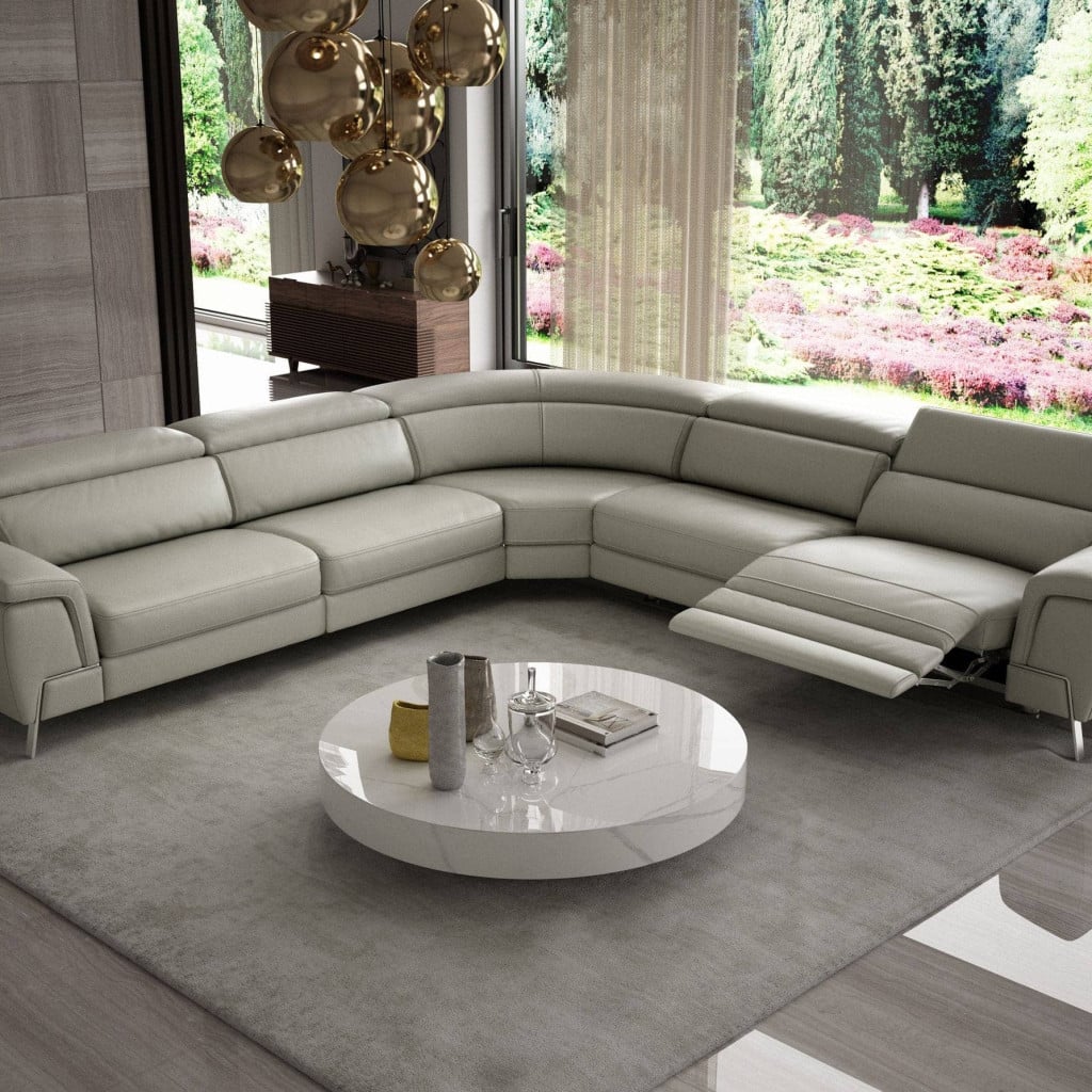 Wonder Italian Grey Leather Sectional Sofa with 2 Electric Recliners, Made in Italy - front view